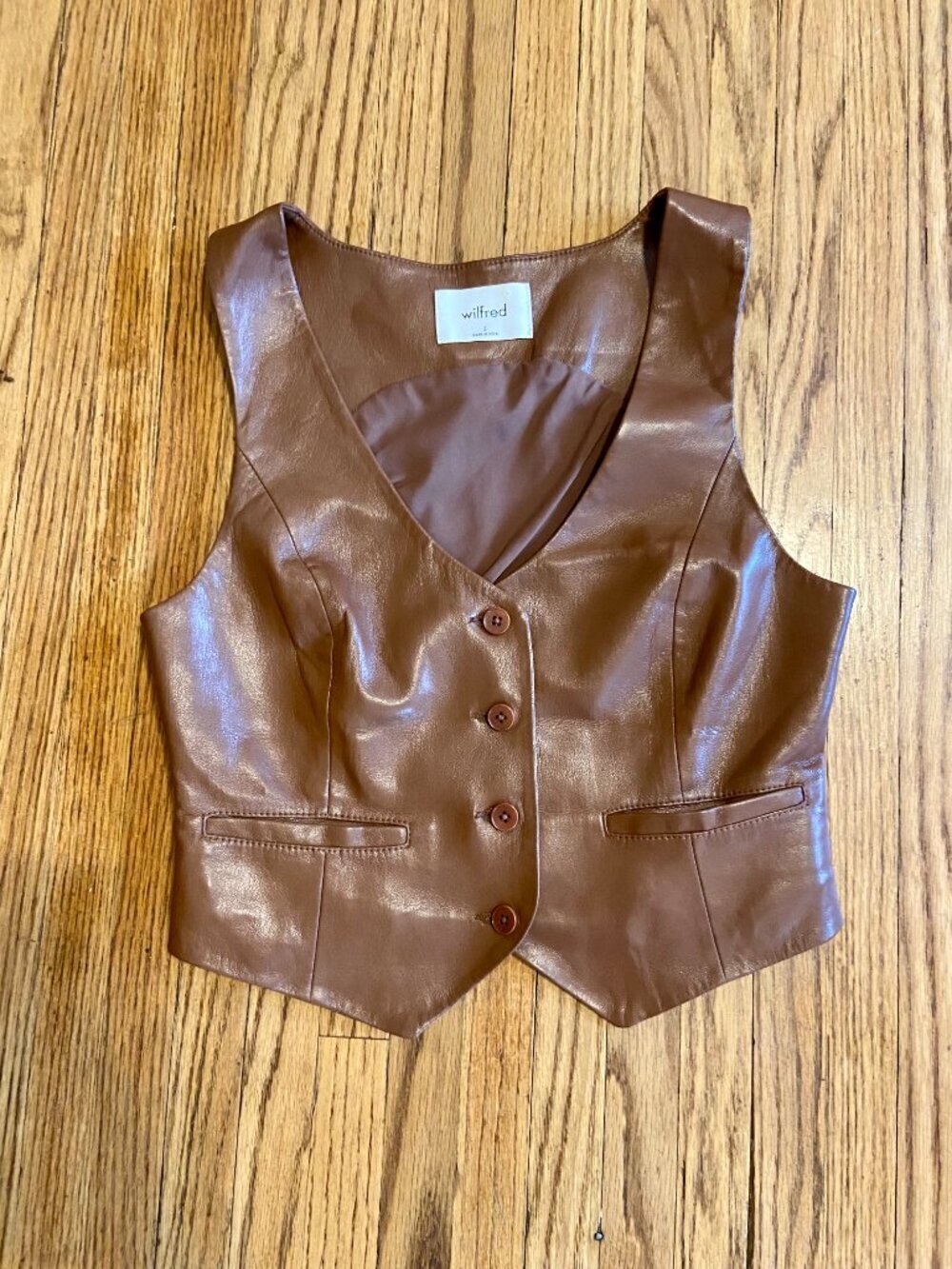Aritzia Wilfred Brown 2 Vegan Leather Vest Button Crop Sexy Stretch Professor